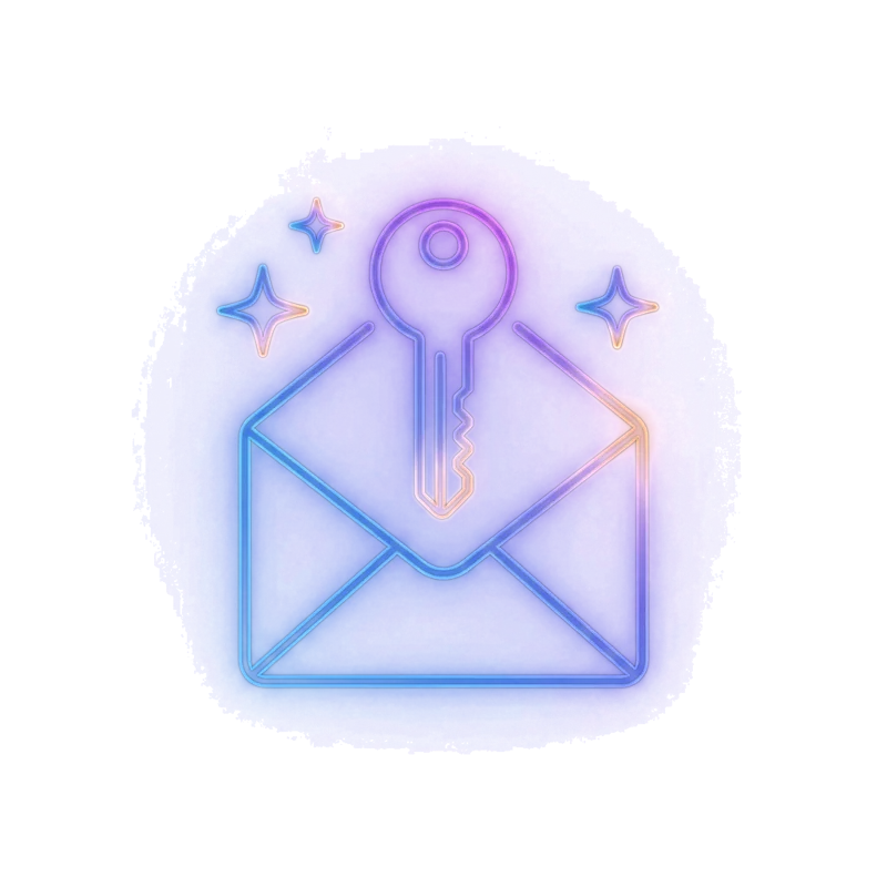 Neon envelope with a rising key — an invitation