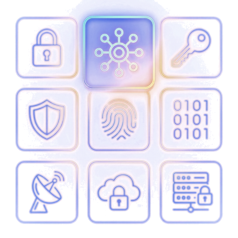 Neon grid of app tiles — business apps built in