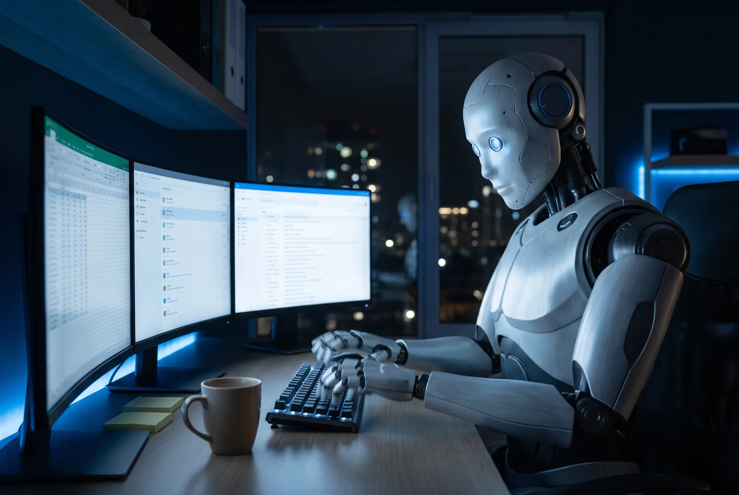 An Enki agent at a desk working through spreadsheets and the inbox overnight