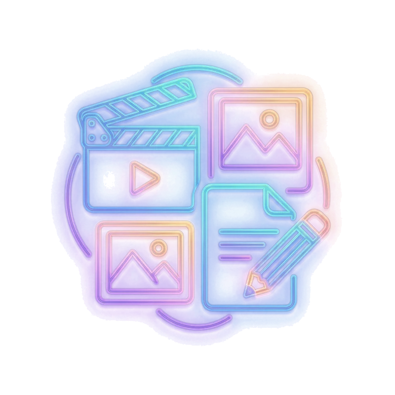 Neon clapperboard, image frame, document and pencil — the creation studio