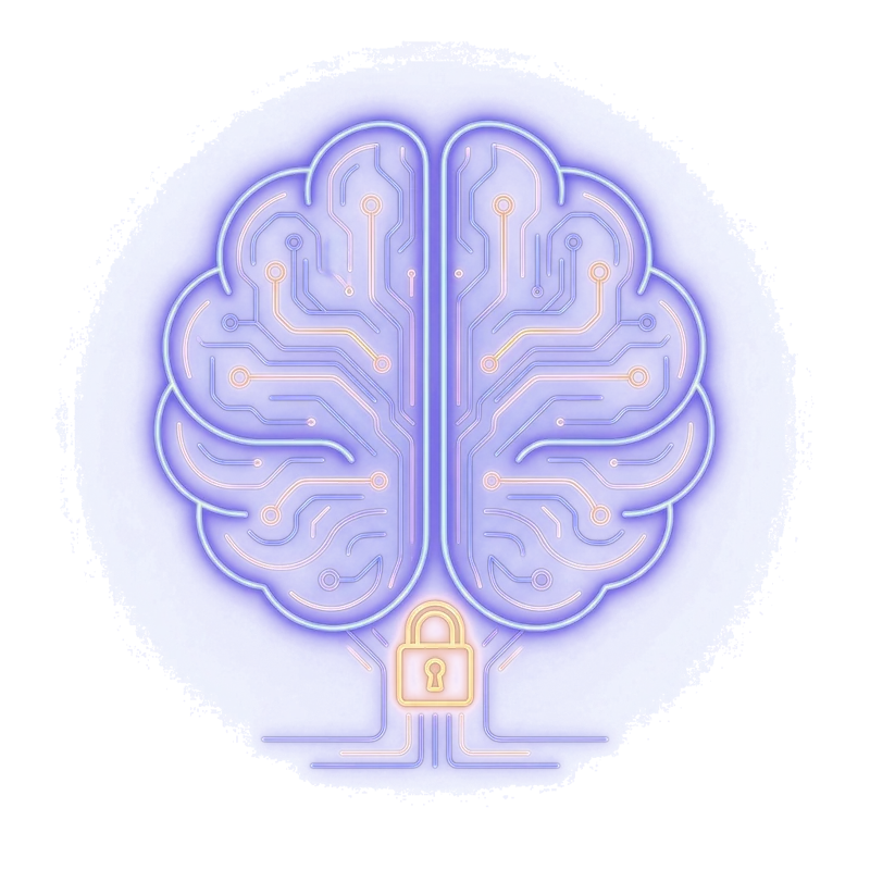 Neon brain with padlock — private long-term memory