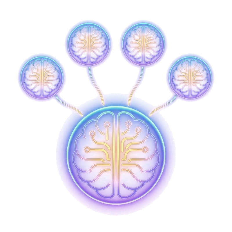 Neon orbs feeding one central orb — many models, one answer