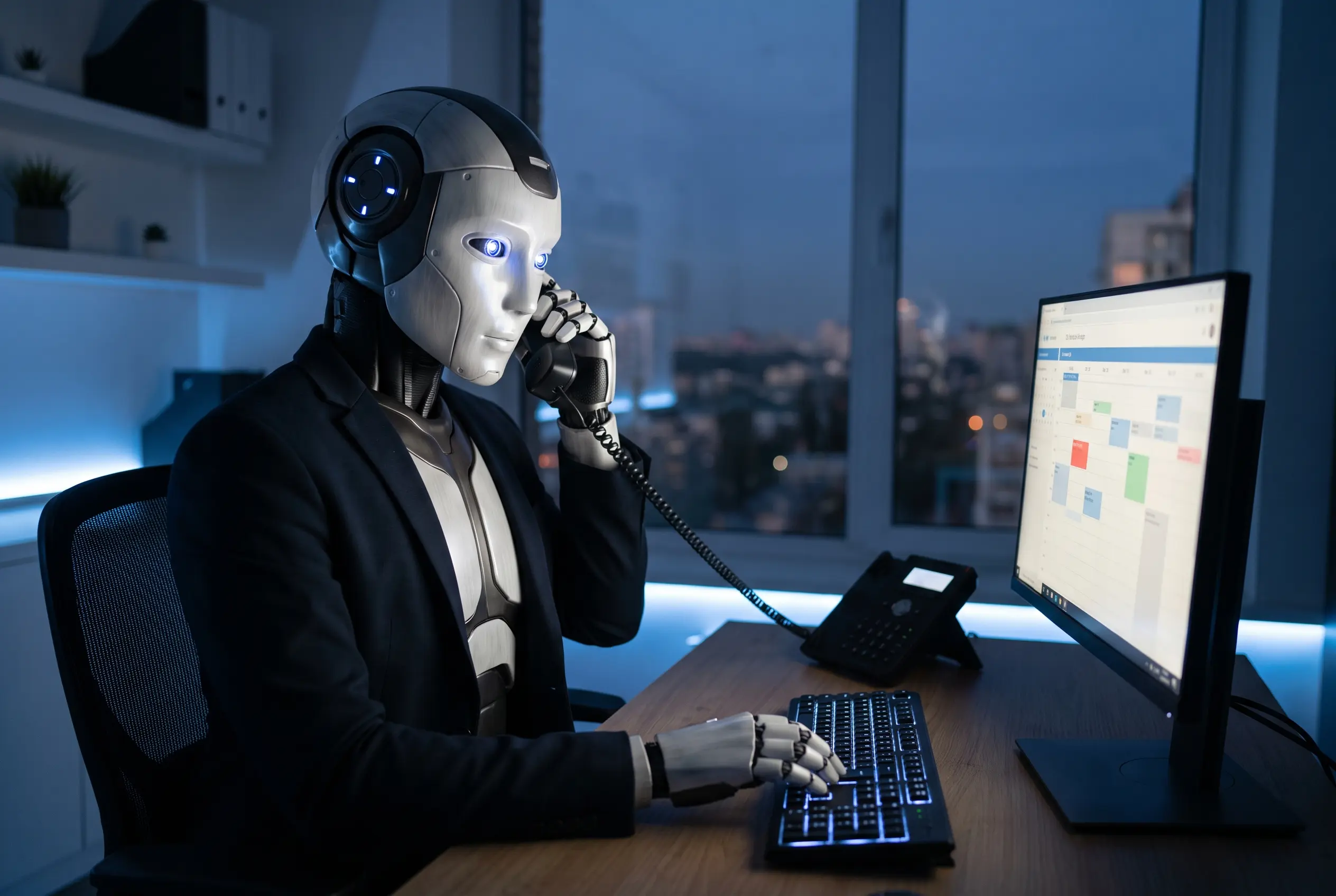 An Enki phone agent at a desk, answering a call with the calendar open
