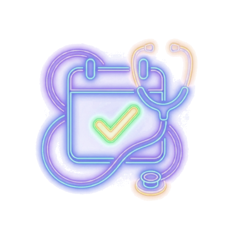 Neon stethoscope around a calendar — clinics and health practices