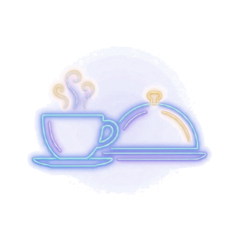 Neon coffee cup and cloche — hospitality and venues