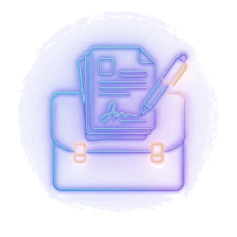 Neon briefcase with signed document — professional services